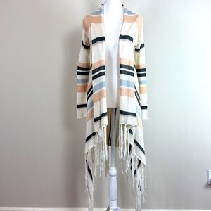 Lovestitch Loose Knot Striped‎ Open Duster Cardigan Fringe Handkerchief Hem Sz M